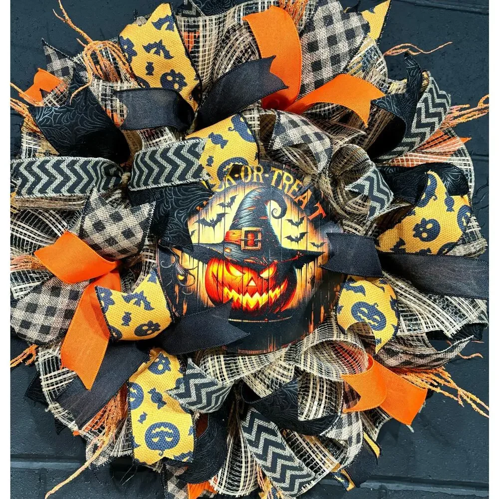 Halloween Wreath For Front Door Spooky Pumpkin Orange and Black Handmade 26 in
